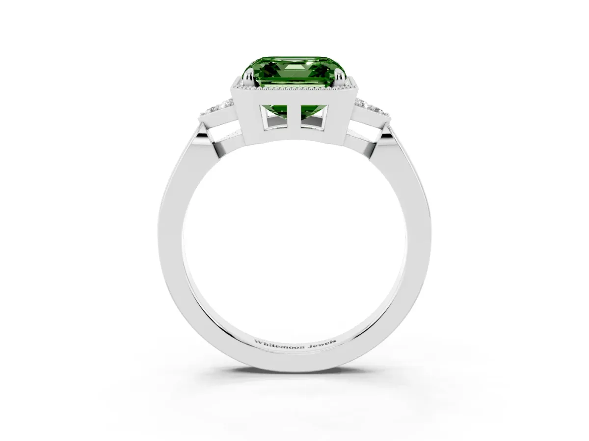Fancy Green Milgrain Asscher Cut Cut Diamond Ring with Tapered Pave Band and Four Prong Setting Platinum