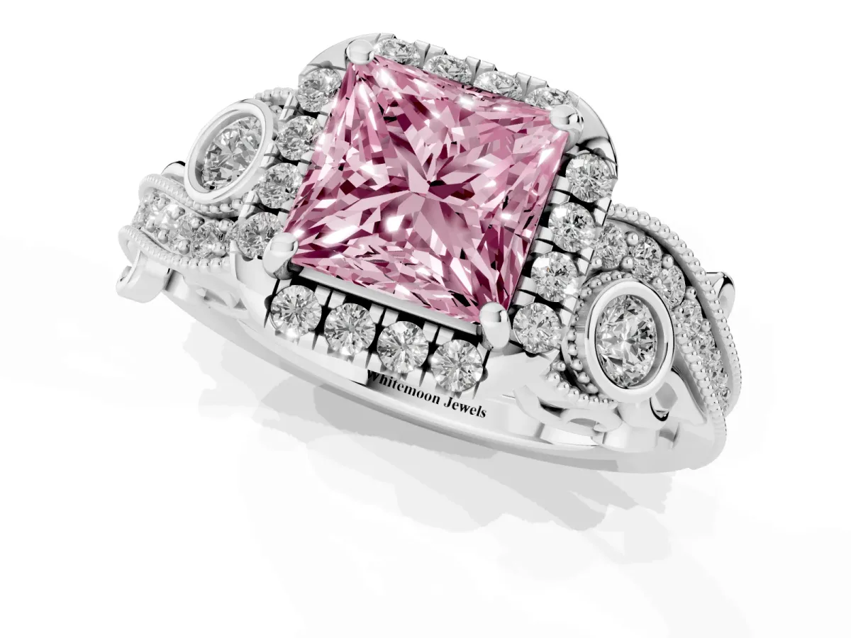 Fancy Pink Princess Cut Diamond Halo Ring with Milgrain Pavé Band and Four-Prong Setting Silver