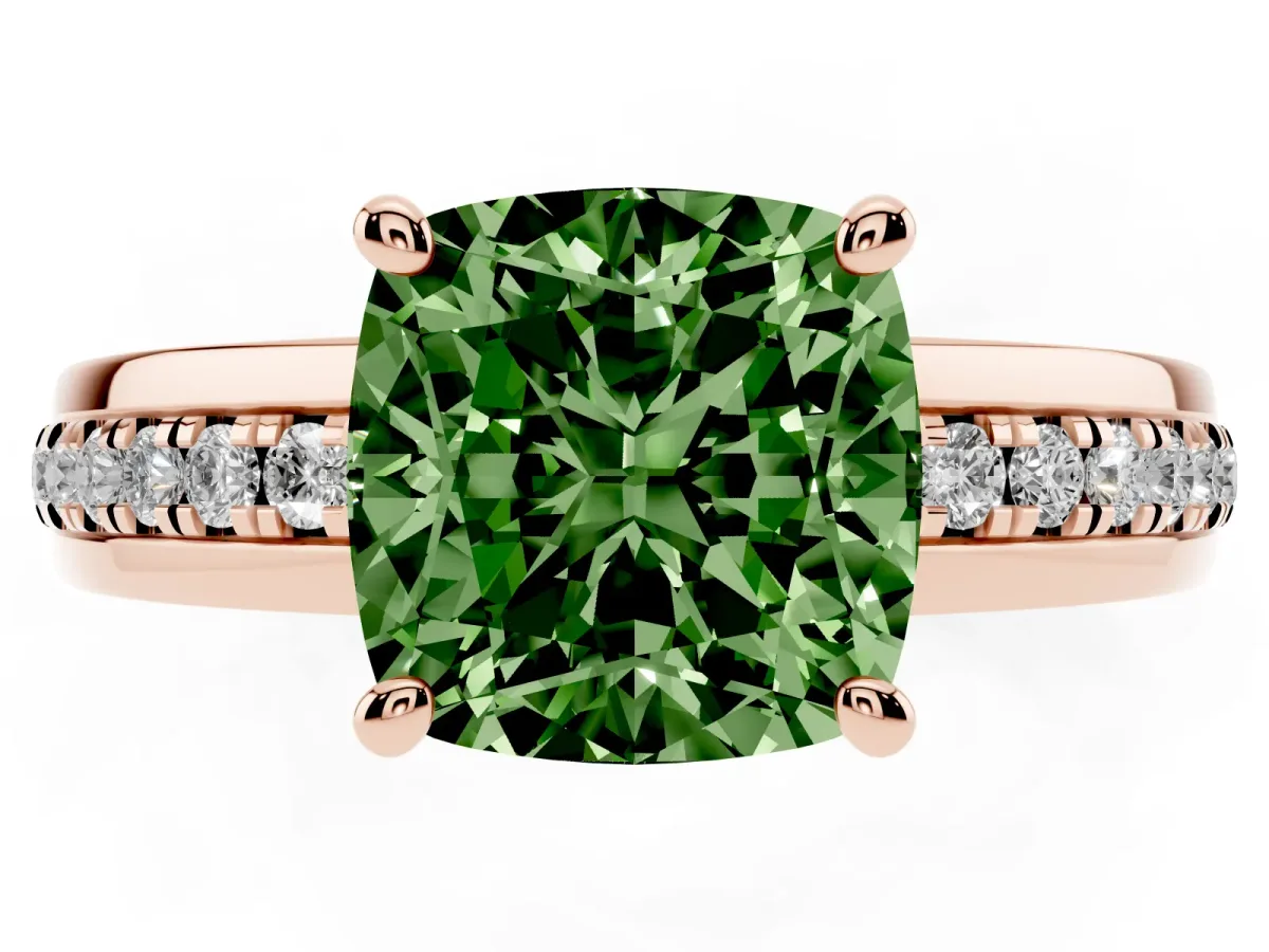 Fancy Green Cushion Cut Solitaire Diamond Ring with Channel Set Band and Six-Prong Setting Rose gold
