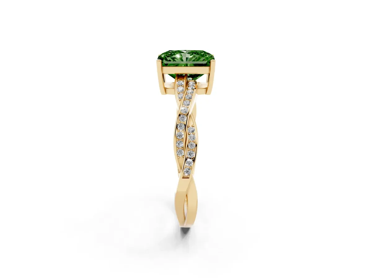 Fancy Green Radiant Cut Solitaire Twisted Pave Diamond Ring with Four-Prong Setting Yellow gold
