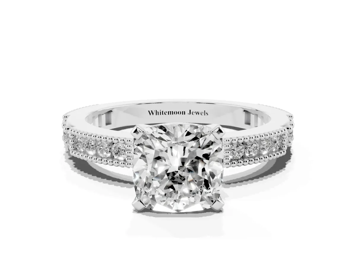 Cushion Cut Solitaire with Pavé Band and Four-Prong Setting Silver
