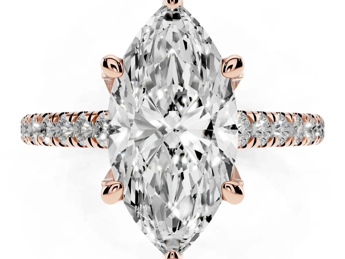 Marquise Cut Brilliant Diamond Solitaire with Pavé Band and Four-Prong Setting Rose gold