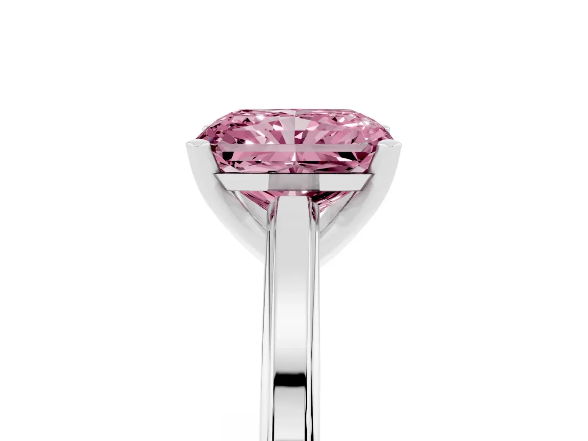 Fancy Pink Radiant Cut Solitaire Diamond Ring with Four-Prong Setting and Classic Band Silver
