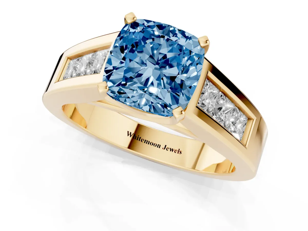 Fancy Blue Cushion Cut Cut Channel Set Solitaire Ring with Four-Prong Setting Yellow gold
