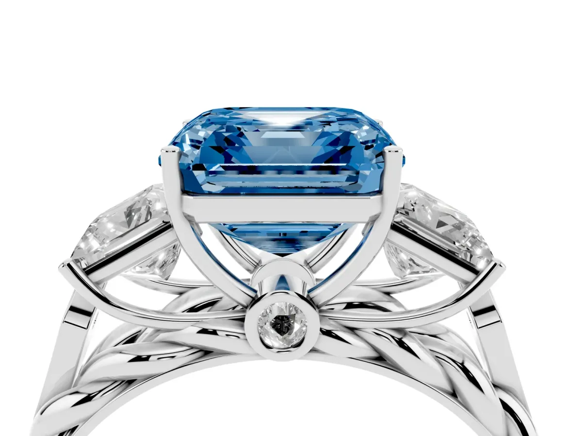 Fancy Blue Three-Stone Asscher Cut Diamond Braided Band Ring with Four-Prong Setting Platinum