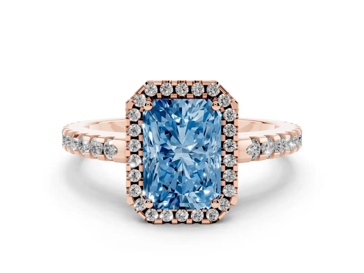 Fancy Blue Radiant Cut Diamond Halo Engagement Ring with Pavé Band and Prong Setting Rose gold