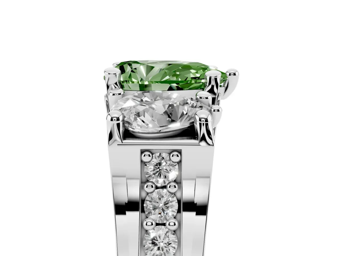 Fancy Green Pear Cut Diamond Three-Stone Ring with Channel Set Band and Four-Prong Setting Silver