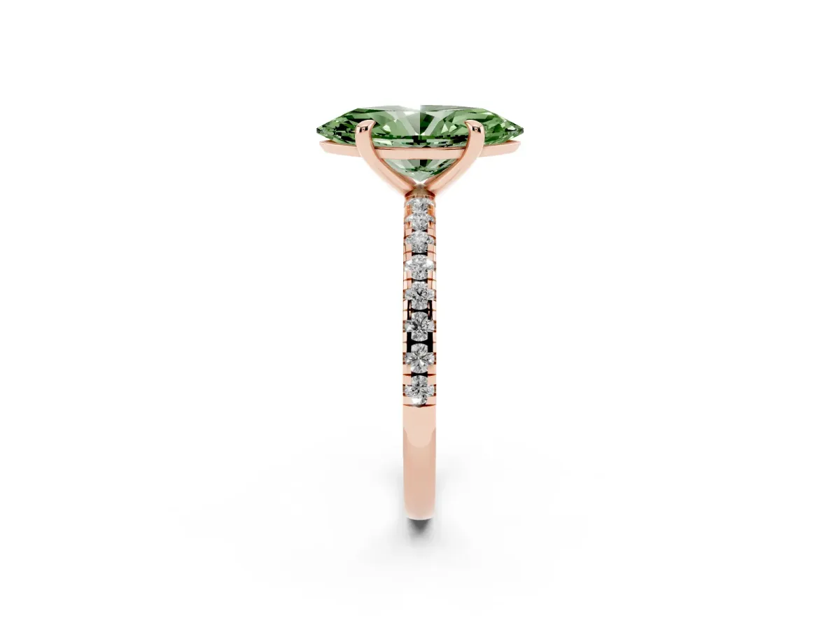 Fancy Green Marquise Cut Diamond Brilliant Solitaire Ring with Pavé Band and Four-Prong Setting Rose gold
