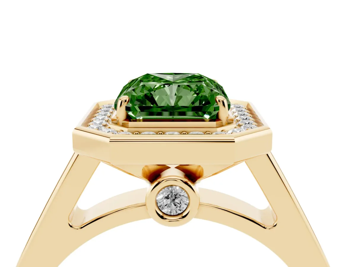 Fancy Green Radiant Cut Halo Solitaire Diamond Ring with Pave Band and Bezel Setting Yellow gold