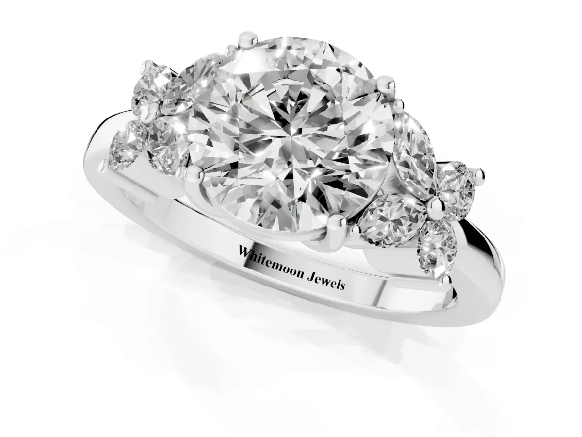 Round Cut Diamond Floral Cluster Ring with Solitaire Band and Prong Setting Silver