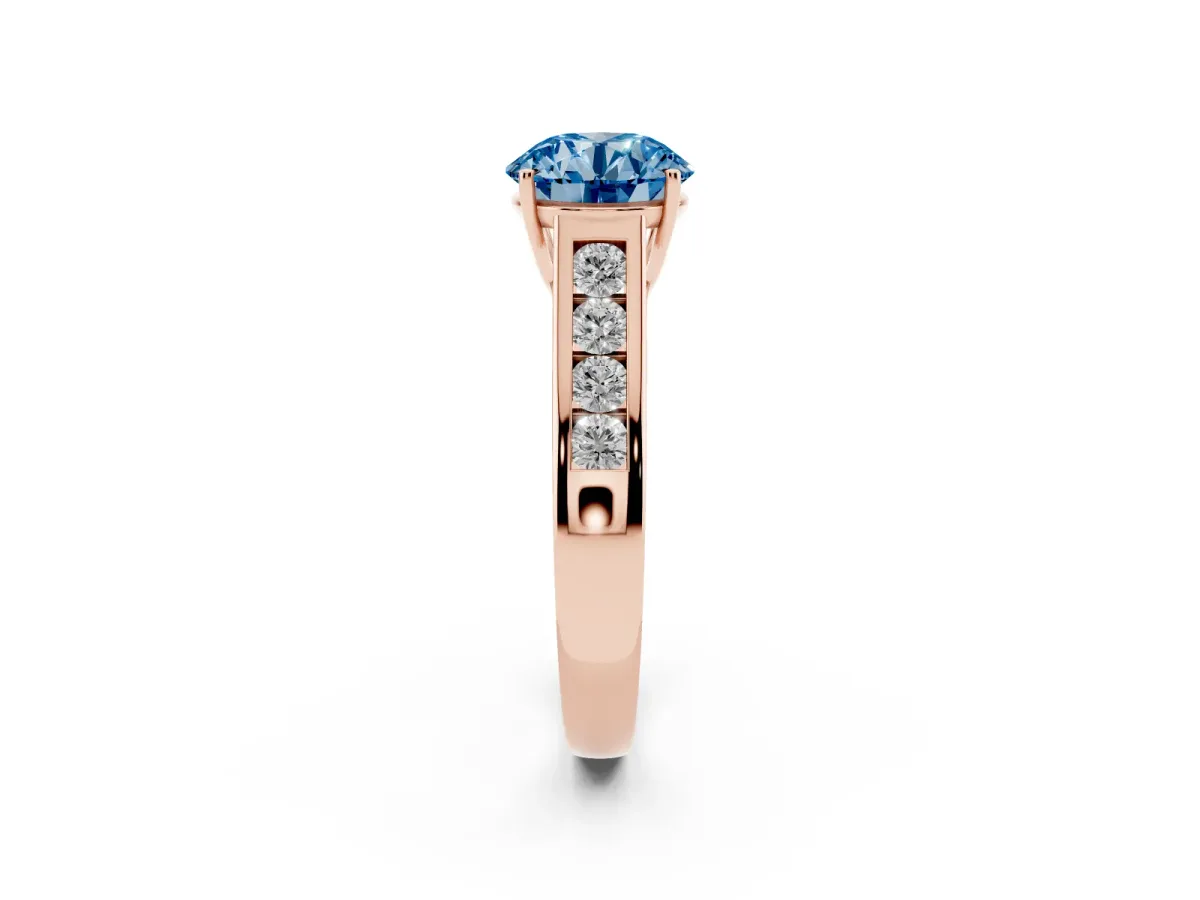 Fancy Blue Round Cut Brilliant Channel-Set Solitaire Ring with Four-Prong Setting Rose gold
