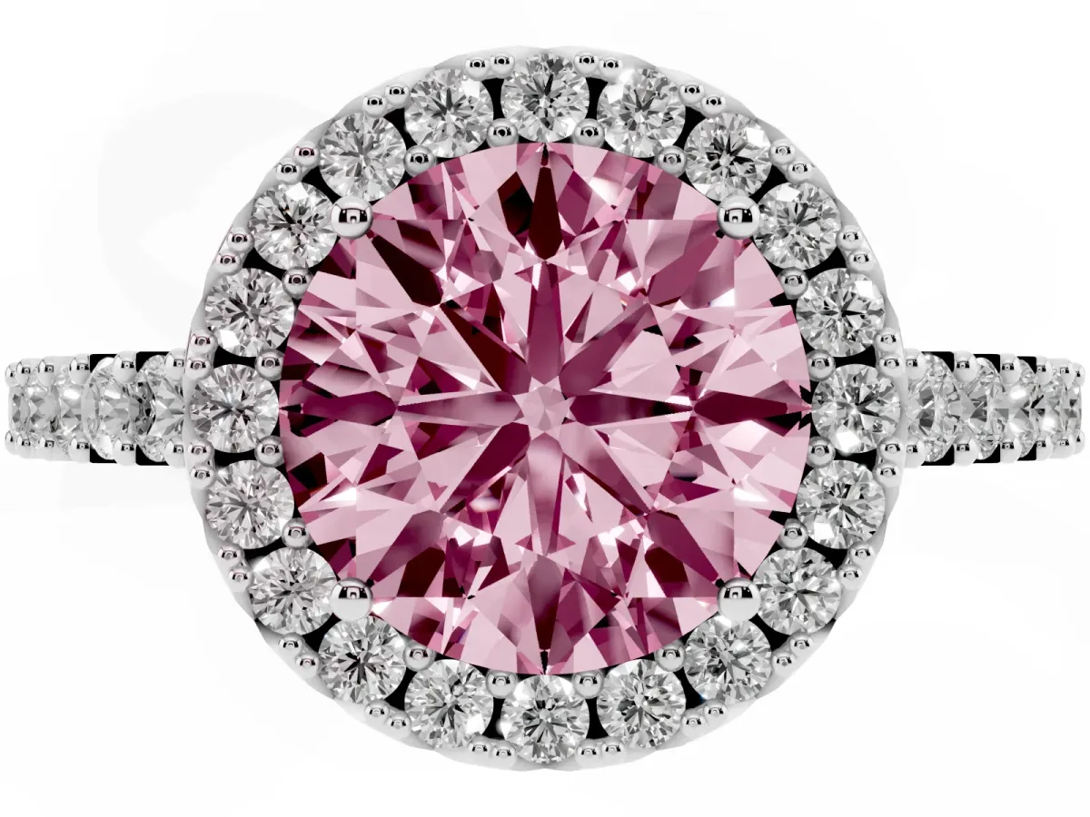 Fancy Pink Round Cut Halo Diamond Pavé Solitaire Ring Silver
