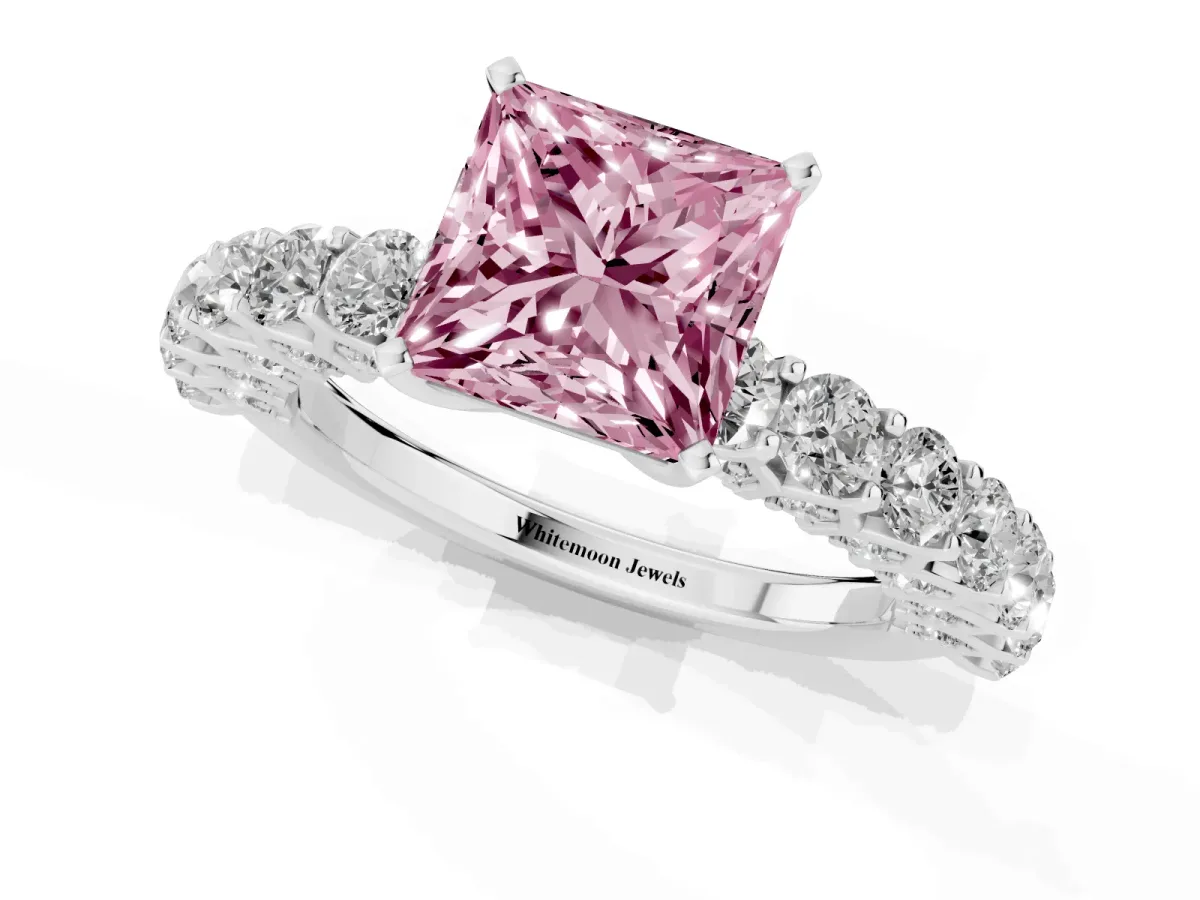 Fancy Pink Princess Cut Diamond Solitaire Ring with Shared Prong Pavé Band and Four-Prong Setting Silver