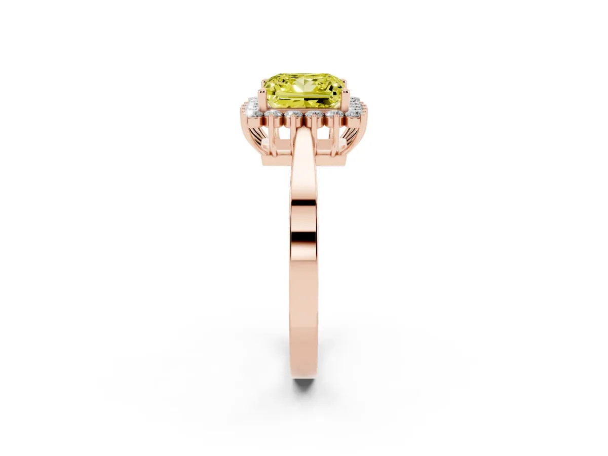 Fancy Yellow Princess Cut Cut Diamond Halo Ring with Round Brilliant Halo and Solitaire Band Rose gold
