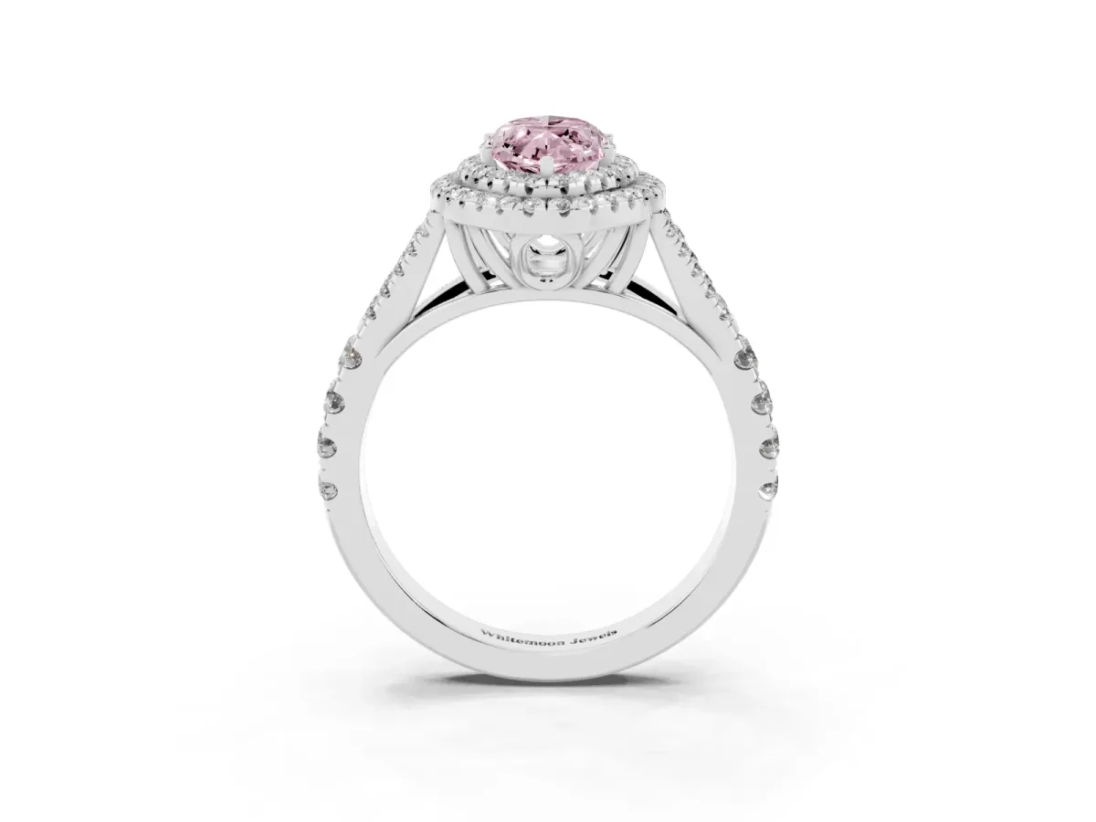 Fancy Pink Marquise Cut Cut Double Halo Split Shank Diamond Ring with Prong Setting Silver