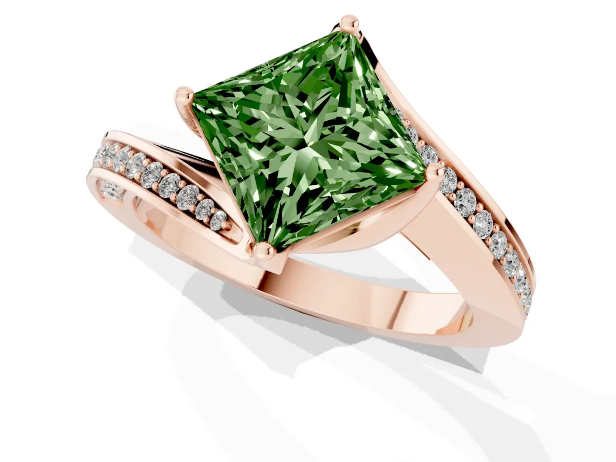 Fancy Green Princess Cut Solitaire Diamond Twist Band with Pavé Setting and Four-Prong Setting Rose gold
