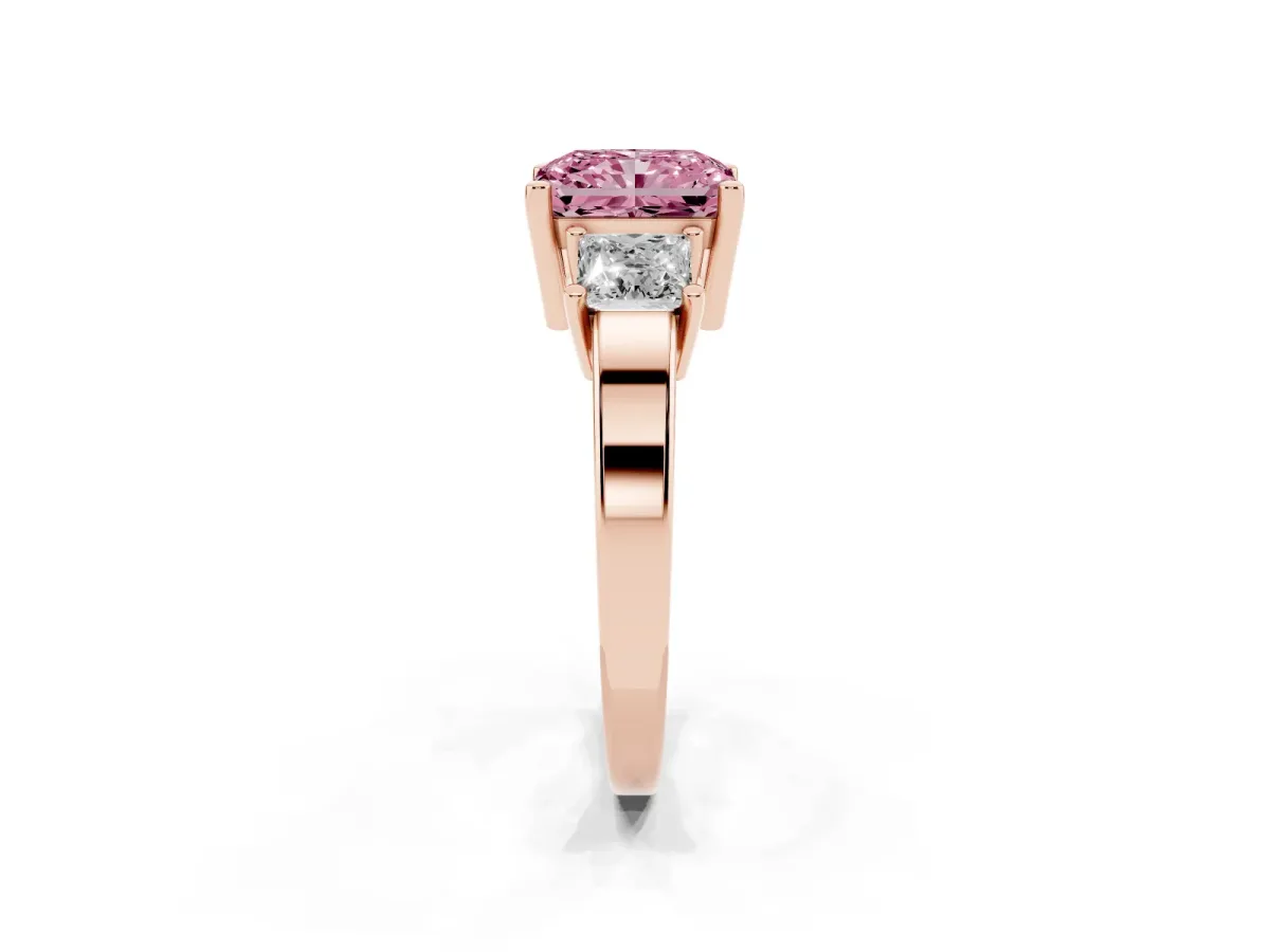 Fancy Pink Three-Stone Radiant Cut Cut Solitaire Ring with Prong Setting Rose gold