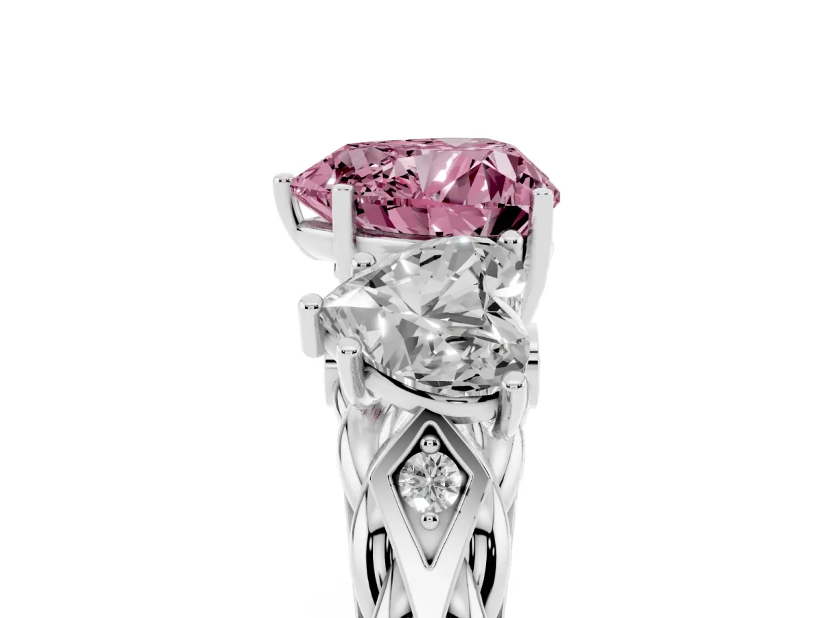 Fancy Pink Three-Stone Heart Cut Diamond Braided Band Ring with Four-Prong Setting Platinum