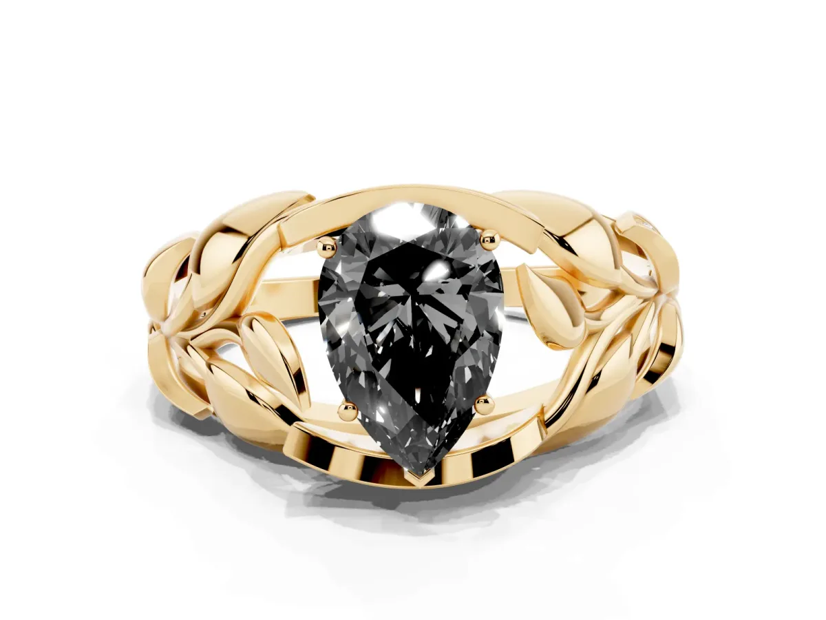 Fancy Black Pear Cut Diamond Leaf-Inspired Engagement Ring with Round Accents and Prong Setting Yellow gold