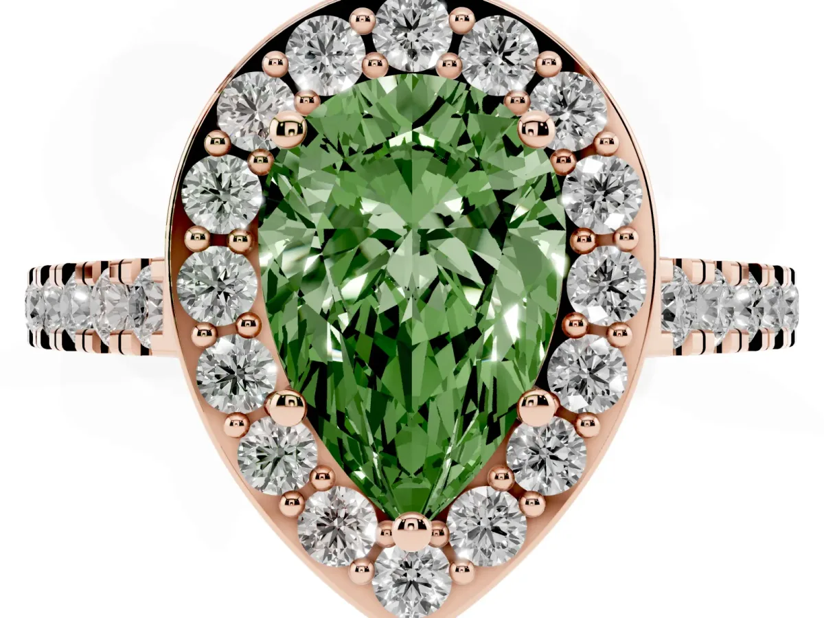 Fancy Green Pear Cut Diamond Halo Ring with Round Pavé Split Shank and Prong Setting Rose gold
