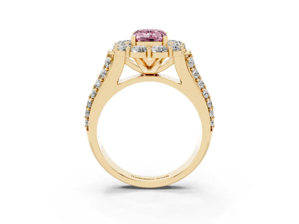 Fancy Pink Emerald Cut Halo Diamond Engagement Ring with Split Shank and Prong Setting Yellow gold