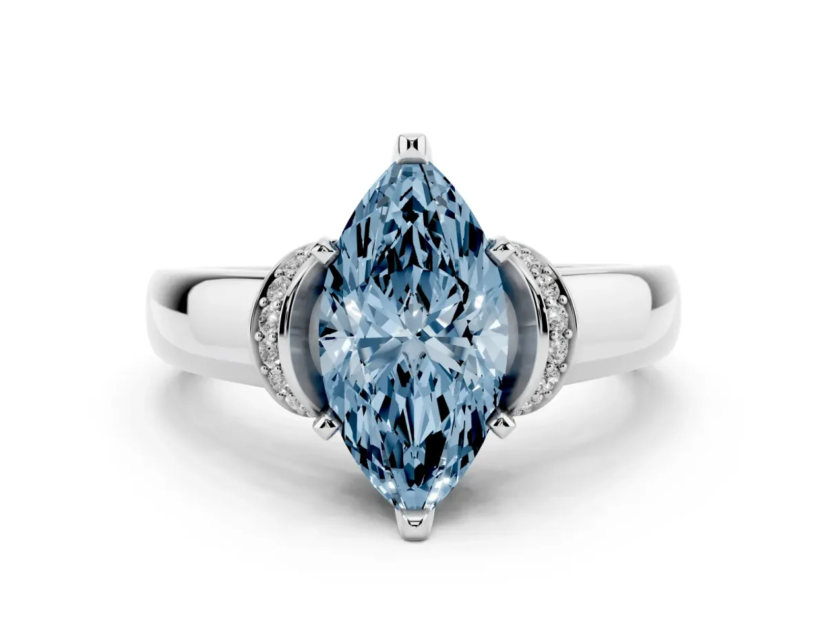 Fancy Blue Marquise Cut Solitaire Diamond Ring with Pave Band and Six-Prong Setting Silver
