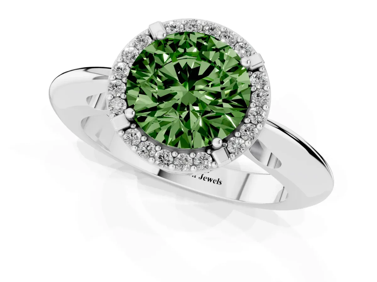 Fancy Green Round Cut Cut Diamond Halo Engagement Ring with Split Shank and Four-Prong Setting Silver