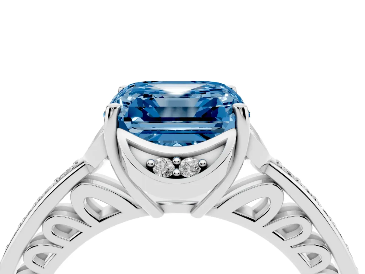 Fancy Blue Asscher Cut Cut Halo Diamond Ring with Channel Set Band and Four-Prong Setting Silver