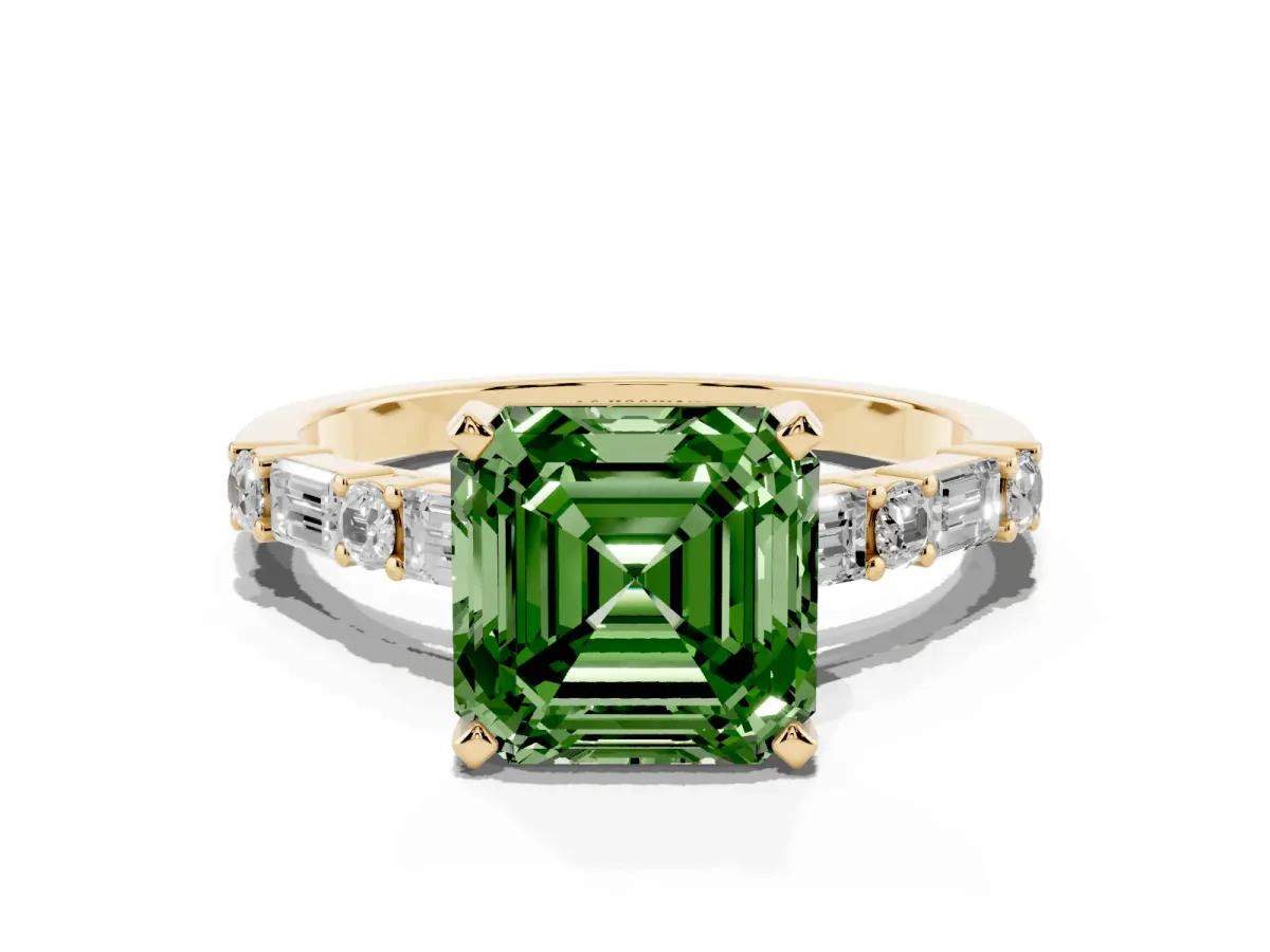 Fancy Green Asscher Cut Diamond Solitaire with Side Baguettes and Channel Set Band Yellow gold