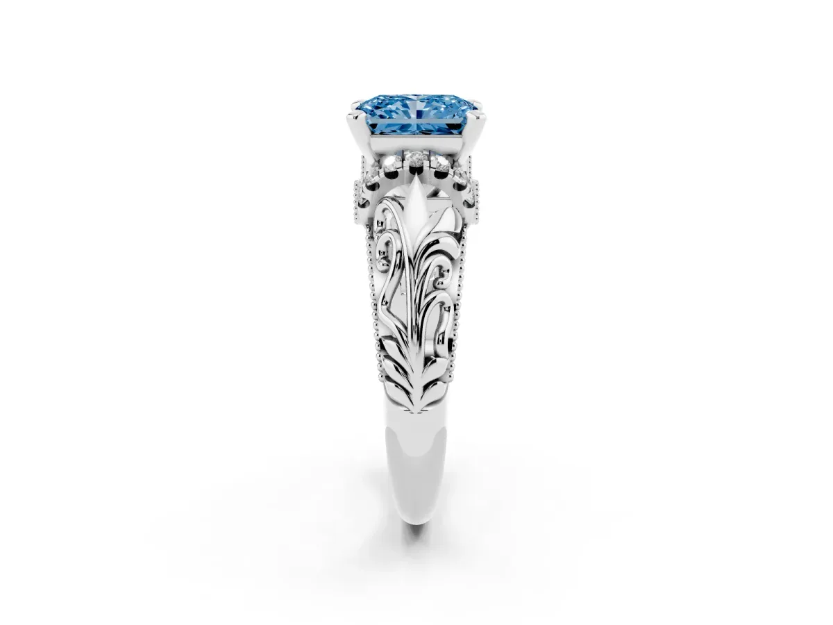 Fancy Blue Radiant Cut Solitaire Filigree Engagement Ring with Halo and Prong Setting White gold