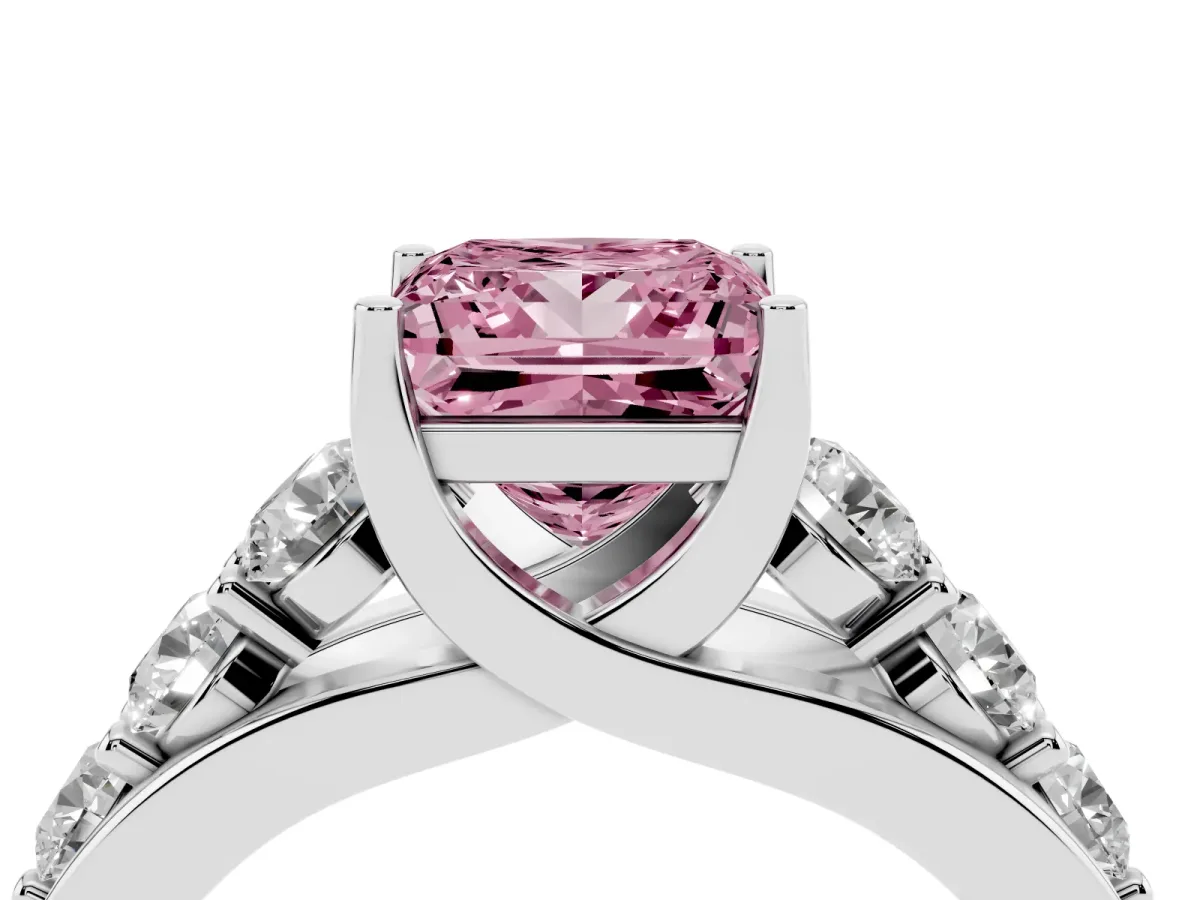 Fancy Pink Princess Cut Diamond Engagement Ring with Pavé Band and Four-Prong Setting Platinum