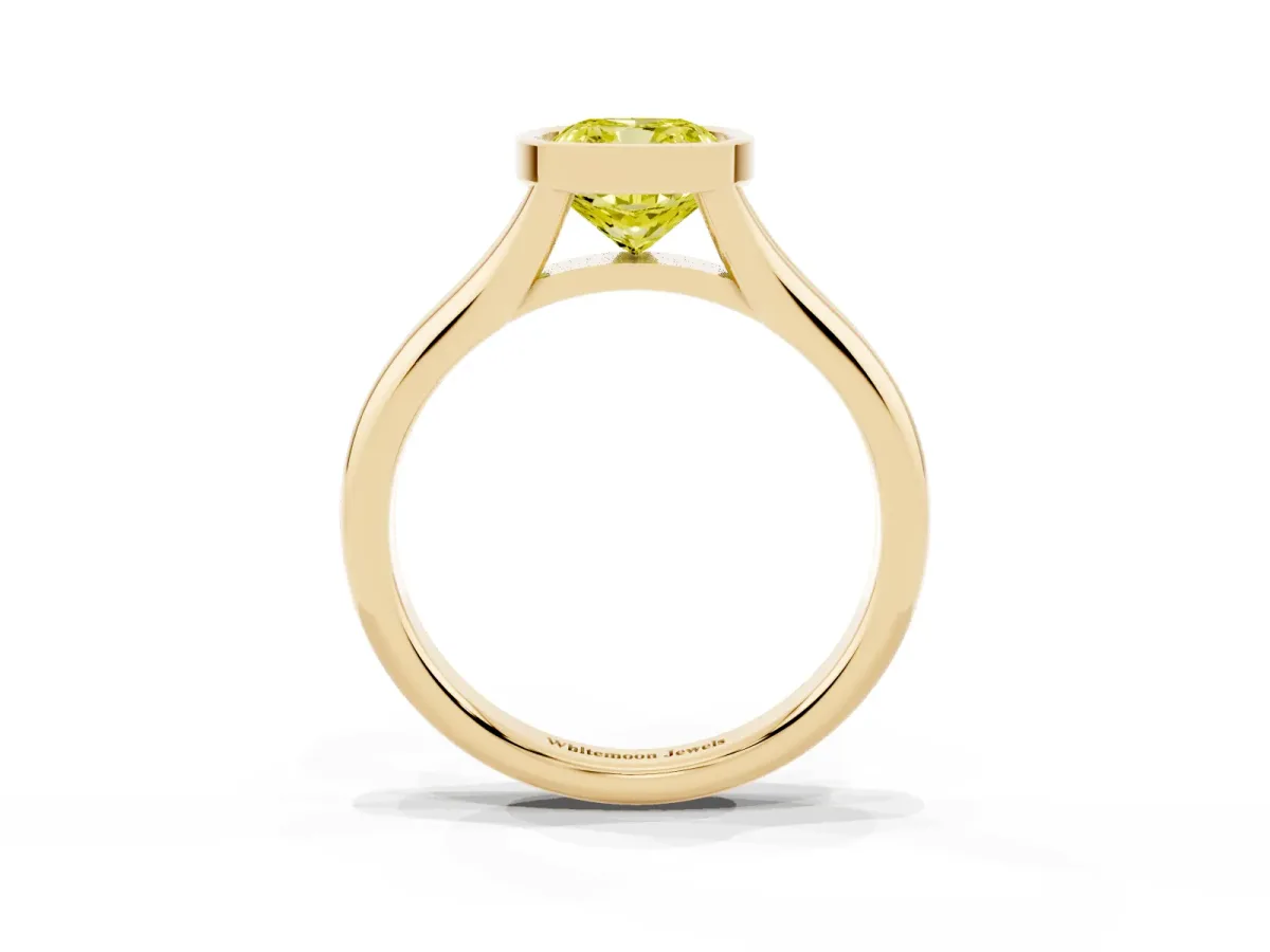 Fancy Yellow Bezel Set Cushion Cut Solitaire Diamond Ring with Smooth Band Yellow gold