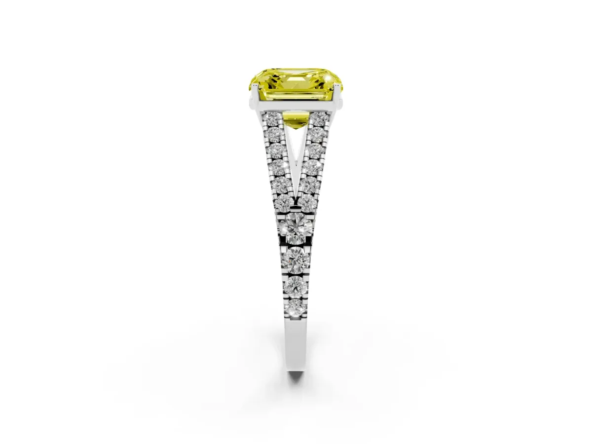 Fancy Yellow Asscher Cut Diamond Split Shank Pavé Engagement Ring with Four-Prong Setting Silver