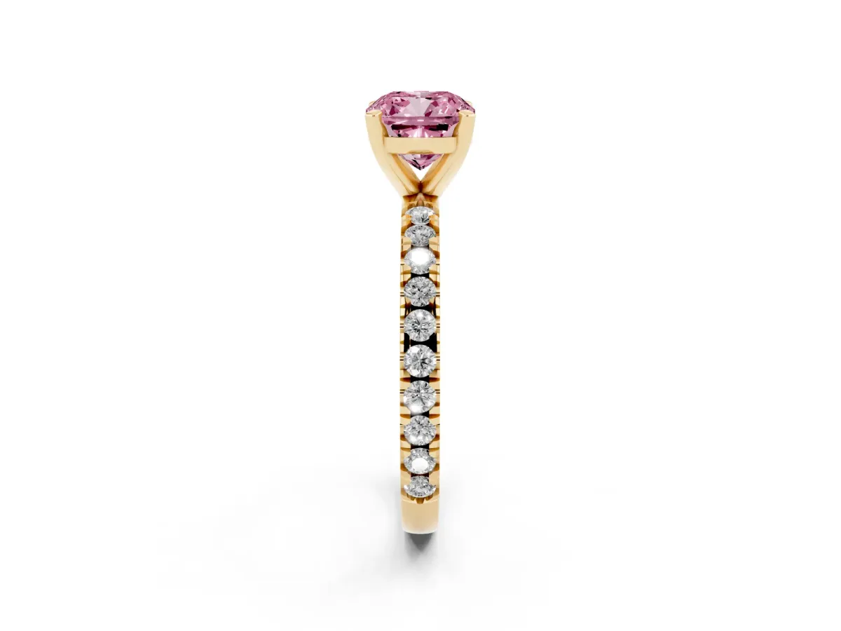 Fancy Pink Cushion Cut Diamond Pavé Band Solitaire with Four-Prong Setting Yellow gold