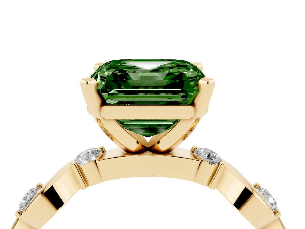 Fancy Green Asscher Cut Diamond Solitaire Twisted Band with Round Accents and Prong Setting Yellow gold