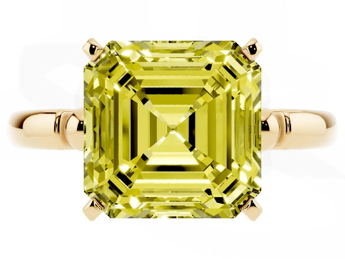 Fancy Yellow Asscher Cut Solitaire Beaded Band with Four-Prong Setting Yellow gold