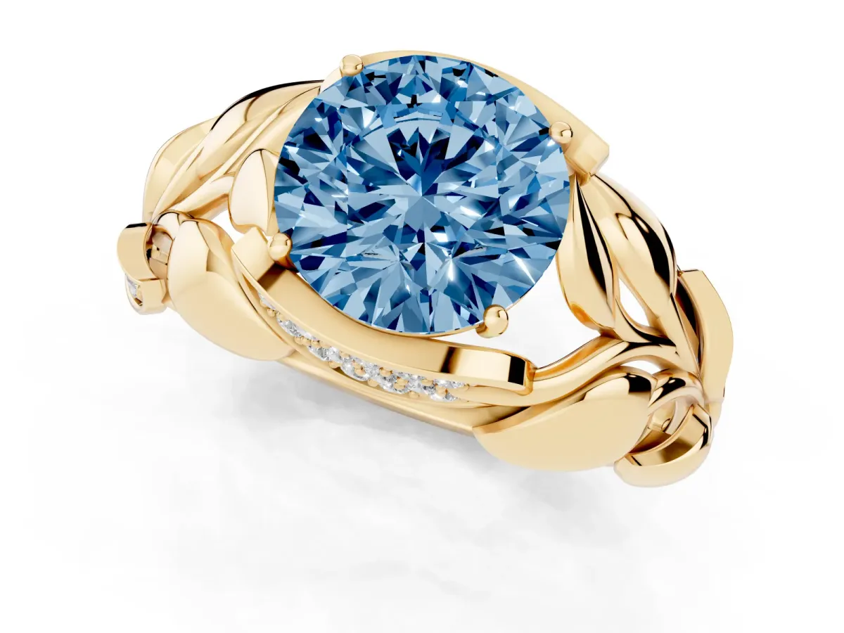 Fancy Blue Round Cut Diamond Leaf-Inspired Engagement Ring with Round Accents and Prong Setting Yellow gold