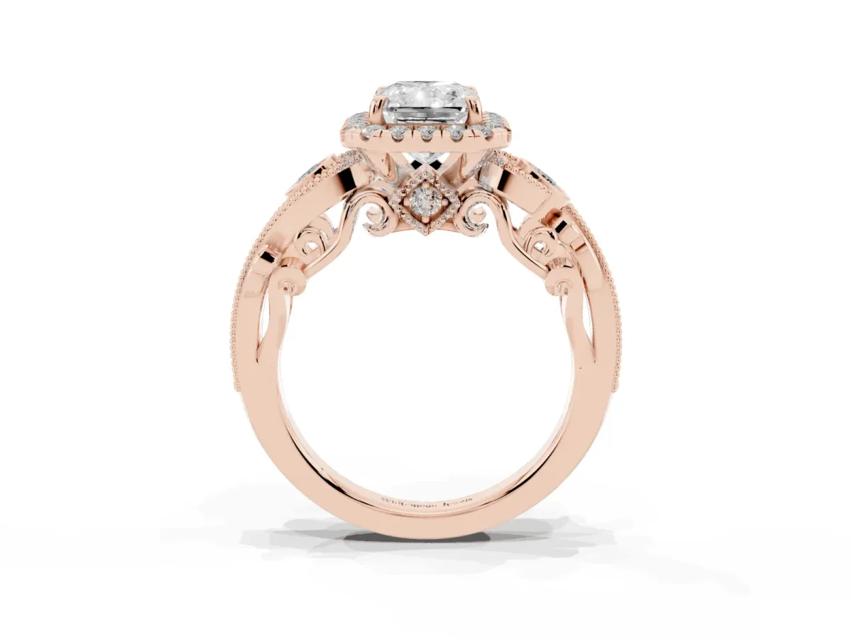 Radiant Cut Diamond Halo Ring with Milgrain Pavé Band and Four-Prong Setting Rose gold