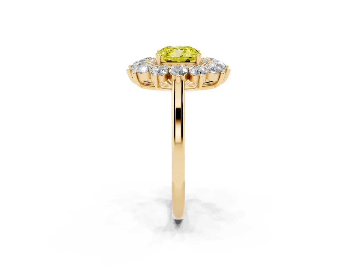 Fancy Yellow Cushion Cut Diamond Floral Double Halo Engagement Ring with Prong Setting Yellow gold