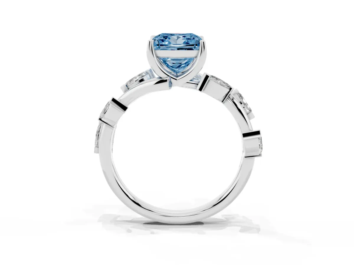 Fancy Blue Princess Cut Solitaire Twisted Band Marquise Accent Prong Setting Ring Silver