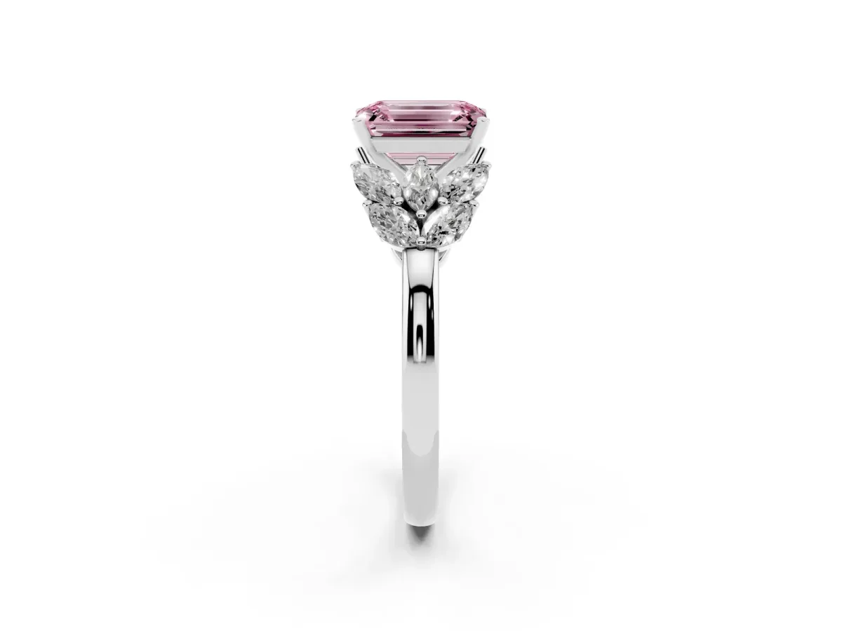 Fancy Pink Emerald Cut Diamond Cluster Leaf Design Ring with Prong Setting Platinum
