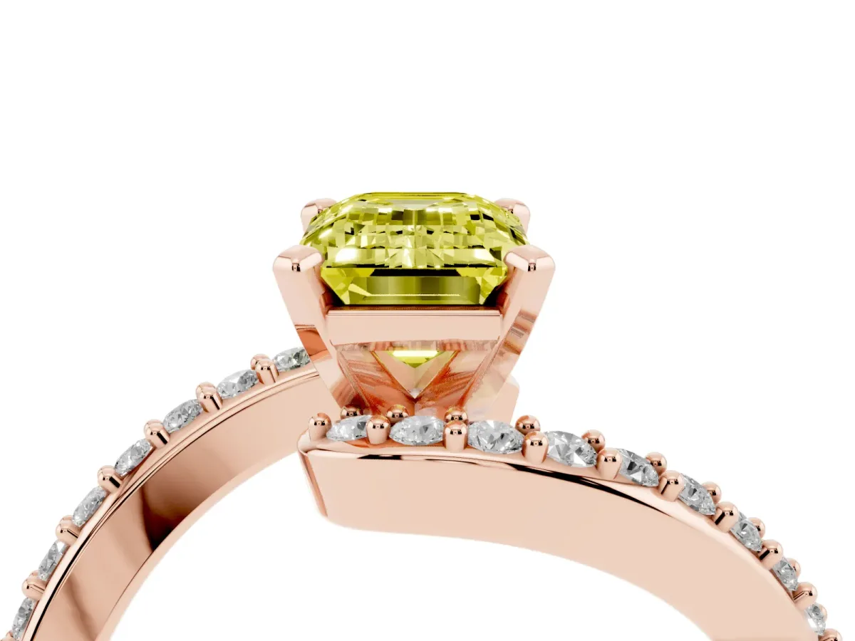 Fancy Yellow Emerald Cut Solitaire Twist Band with Pave Set Diamonds and Four-Prong Setting Rose gold