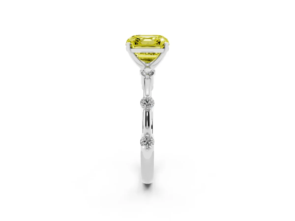 Fancy Yellow Asscher Cut Solitaire Diamond Ring with Bezel Set Side Stones and Prong Setting Silver