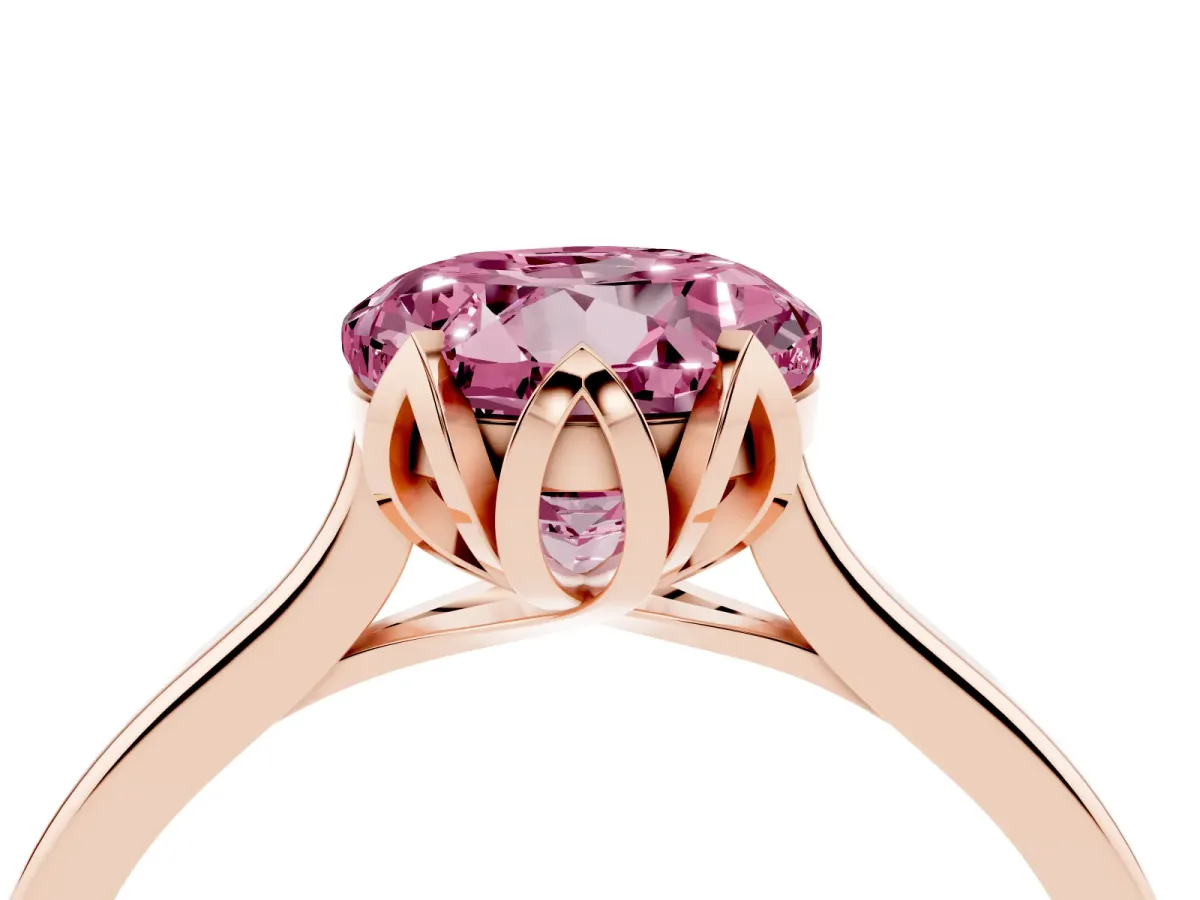 Fancy Pink Round Cut Diamond Solitaire Ring with Flower Prong Setting and Classic Band Rose gold