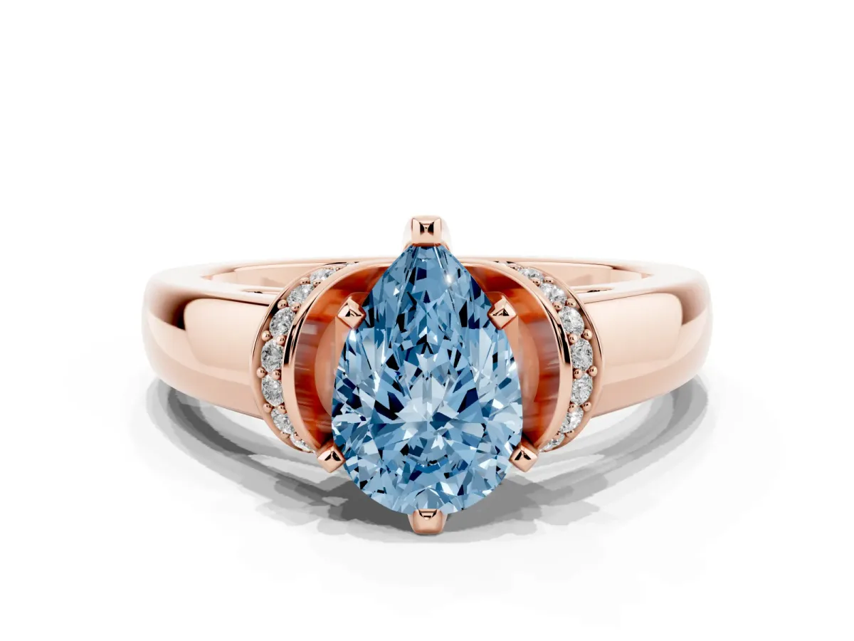 Fancy Blue Pear Cut Solitaire Diamond Ring with Pave Band and Six-Prong Setting Rose gold