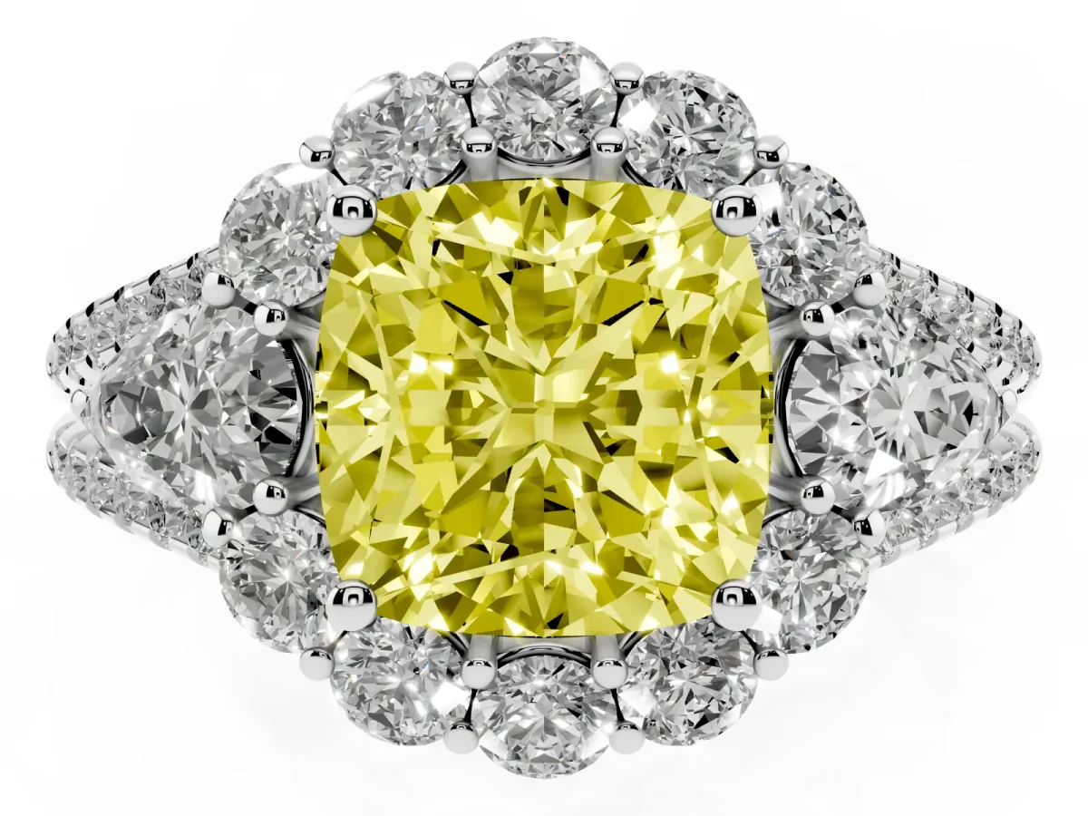 Fancy Yellow Cushion Cut Halo Split Shank Diamond Engagement Ring with Prong Setting Silver