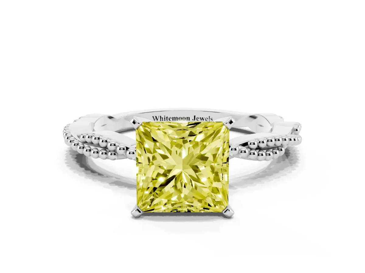 Fancy Yellow Princess Cut Solitaire Twisted Band with Bead Prong Setting Platinum