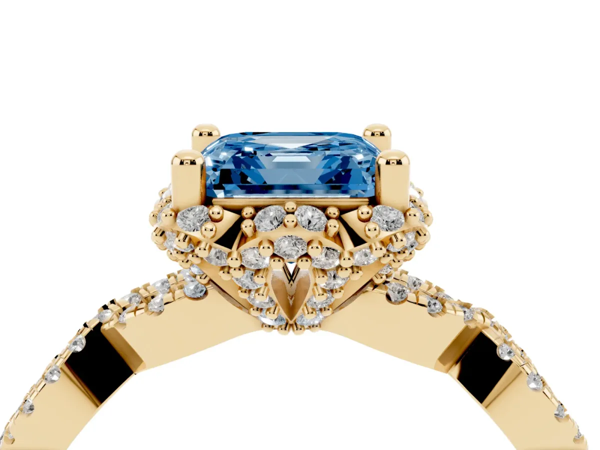 Fancy Blue Asscher Cut Halo Twist Band Solitaire Ring with Six-Prong Setting Yellow gold