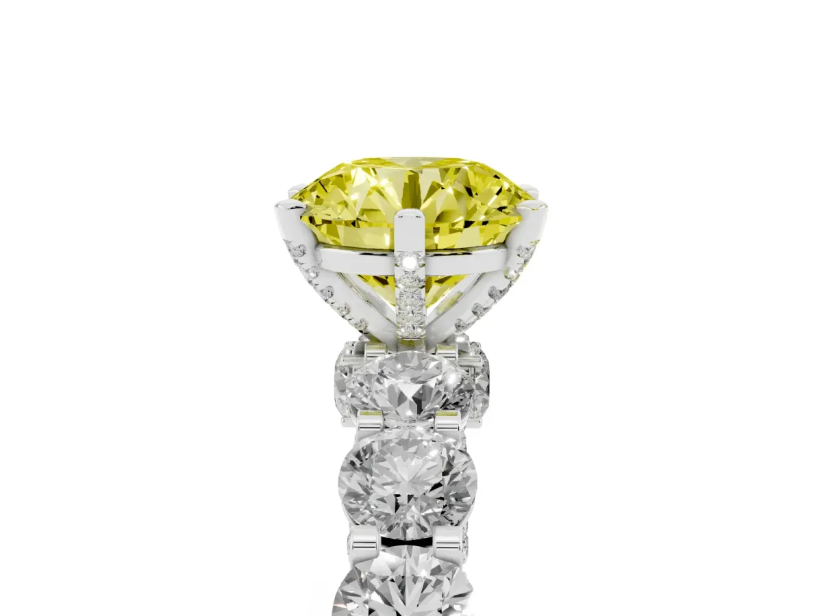 Fancy Yellow Round Cut Diamond Side Stone Engagement Ring with Four-Prong Setting Platinum