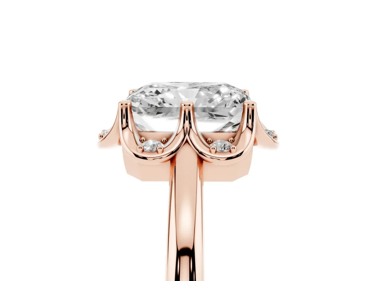 Radiant Cut Halo Diamond Ring with Round Cluster Setting, Solitaire Band, and Four-Prong Setting Rose gold